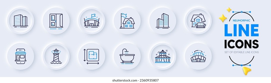 Möbel in Bewegung, Bodenplan und Leuchtturm-Symbole für Web-App. Pack of Marketplace, Bath, Arena Stadium Piktogramm Icons. Wolkenkratzer-Gebäude, Offene Tür, Gebäude-Schilder. Gebäude. Vektorgrafik