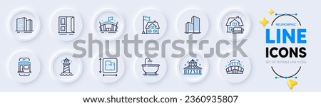 Furniture moving, Floor plan and Lighthouse line icons for web app. Pack of Marketplace, Bath, Arena stadium pictogram icons. Skyscraper buildings, Open door, Buildings signs. Building. Vector