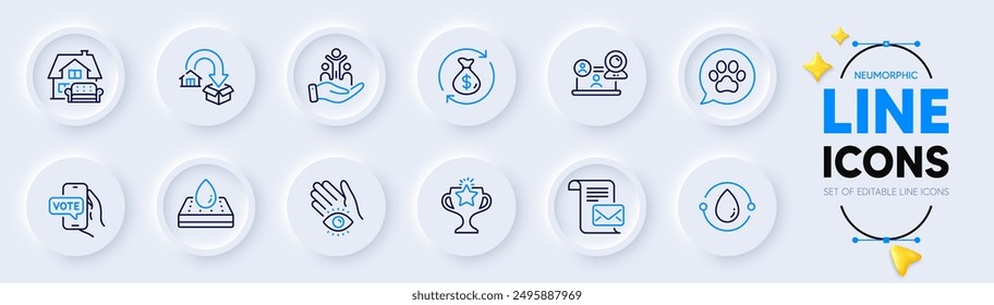 Furniture moving, Video conference and Online voting line icons for web app. Pack of Mail letter, Waterproof mattress, Meditation eye pictogram icons. Pets care, Victory, Change money signs. Vector