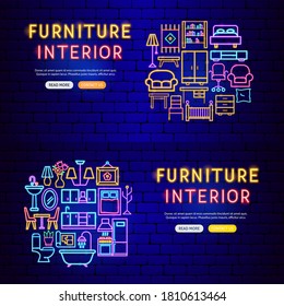 Furniture Neon Banners. Vector Illustration of Interior Promotion.