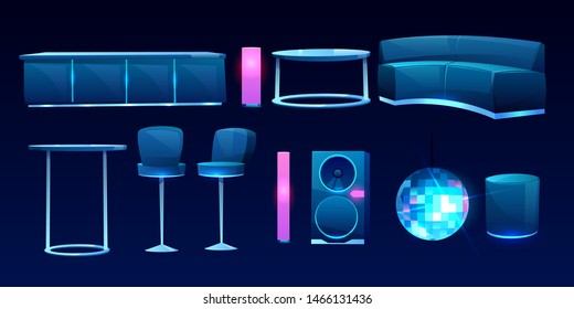 Furniture for night club or bar isolated on dark background, counter desk, table, couch, sofa, high chairs, dynamics, glowing lamps, strobe light. Interior design elements. Cartoon vector illustration