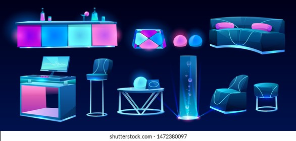 Furniture for night club isolated on dark background, bar counter with drinks, dj mixer desk, table, couch, high chair, glowing plasma, neon lamps, interior design elements Cartoon vector illustration