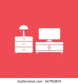 Furniture Nightstand With Lamp And TV Cabinet Flat Icon On Red Background