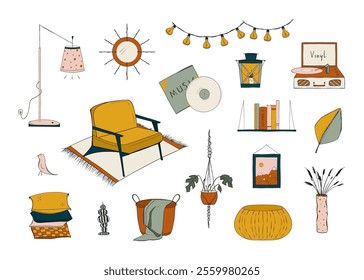 Furniture objects for a cosy interior. Armchair, lamp, blanket and other items of cosiness. Vector