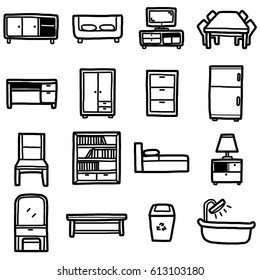 furniture objects, icons set / cartoon vector and illustration, hand drawn style, black and white, isolated on white background.