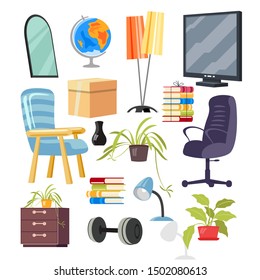 Furniture, objects of interior for home or office: rolling chair, plant, mirror, book, small cabinet, barbell, armchair, floor lamps, globe, vase, monitor Vector cartoon collection isolated on white