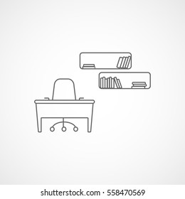Furniture Office Desk And Bookshelf Line Icon On White Background