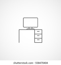 Furniture Office Desk With Computer Line Icon On White Background