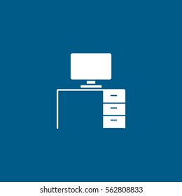 Furniture Office Table With Computer Flat Icon On Blue Background