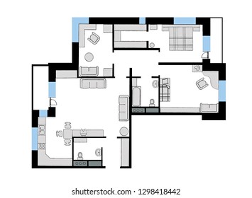 furniture is on architect plan of the flat 