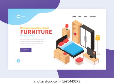 Furniture online store landing page with contact information and home furnishings isometric vector illustration