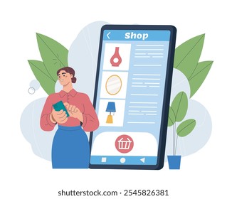 Furniture online store. Woman with smartphone buys mirror and lamp. Online shopping and home delivery. Electronic commerce and retail. Flat vector illustration isolated on white background