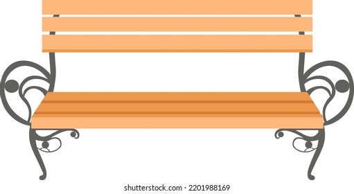 Furniture for outdoors, park or garden exterior. Isolated wooden bench with metal weaving elements and ornaments. Place for sitting on nature, long seat or pew for rest. Vector in flat style