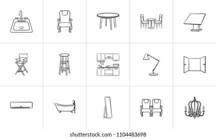 Furniture outline doodle icon set for print, web, mobile and infographics. Hand drawn furniture vector sketch illustration set isolated on white background.