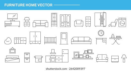 Furniture outline front view. Floor plan icons set for design interior and architectural project. Furniture thin line icon in front view for layout.	