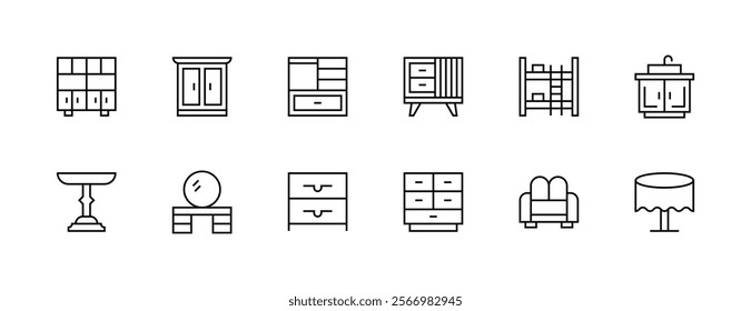 Furniture outline icon collection. Interior icon set. cupboard, desk, chair, sofa, cabinet and more. Editable stroke. Pixel Perfect. Grid base 32px.