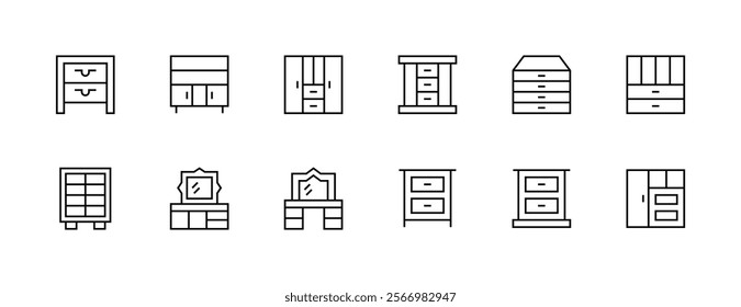 Furniture outline icon collection. Interior icon set. cupboard, desk, chair, sofa, cabinet and more. Editable stroke. Pixel Perfect. Grid base 32px.