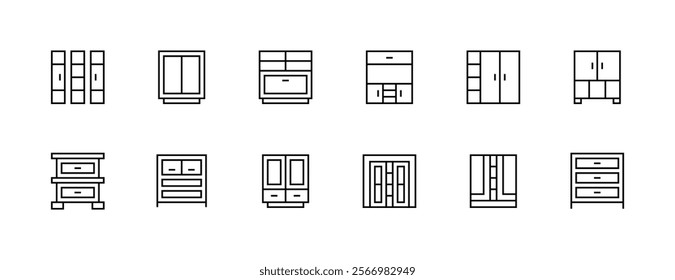 Furniture outline icon collection. Interior icon set. cupboard, desk, chair, sofa, cabinet and more. Editable stroke. Pixel Perfect. Grid base 32px.