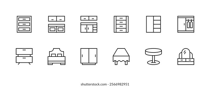 Furniture outline icon collection. Interior icon set. cupboard, desk, chair, sofa, cabinet and more. Editable stroke. Pixel Perfect. Grid base 32px.