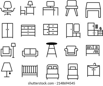 Furniture outline icon.Set of home furniture,loft table,chair,tv stand,double bed,hallway,bean bag,rattan swing chair isolated vector icon.