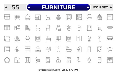 Furniture outline icon set. Home interior, linear icons. Piece of furniture for the living room, bedroom, office, workplace, children's room and kitchen.
