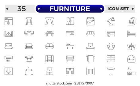 Furniture outline icon set. Home interior, linear icons. Piece of furniture for the living room, bedroom, office, workplace, children's room and kitchen.
