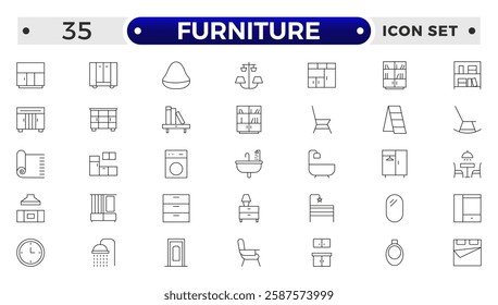 Furniture outline icon set. Home interior, linear icons. Piece of furniture for the living room, bedroom, office, workplace, children's room and kitchen.
