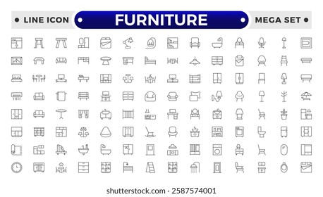 Furniture outline icon set. Home interior, linear icons. Piece of furniture for the living room, bedroom, office, workplace, children's room and kitchen.
