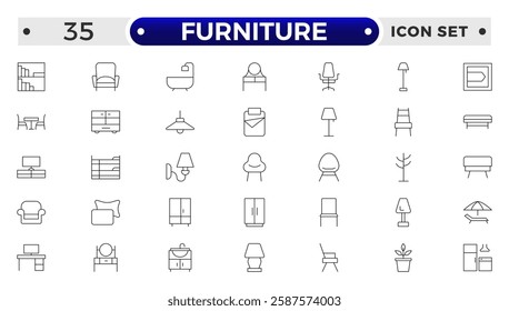 Furniture outline icon set. Home interior, linear icons. Piece of furniture for the living room, bedroom, office, workplace, children's room and kitchen.
