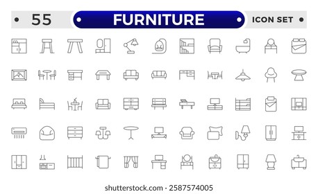 Furniture outline icon set. Home interior, linear icons. Piece of furniture for the living room, bedroom, office, workplace, children's room and kitchen.
