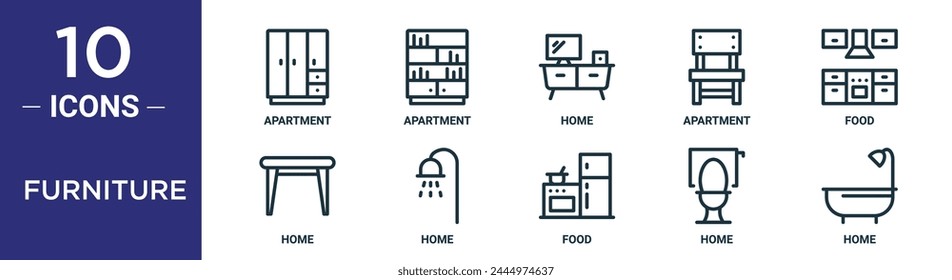 furniture outline icon set includes thin line apartment, apartment, home, apartment, food, home, home icons for report, presentation, diagram, web design