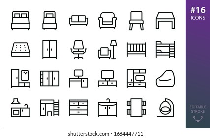 Furniture outline icons set. Set of home furniture, loft table, double bed, bedding mattress, bean bag chair, tv stand, hallway furniture, wardrobe closet,  rattan swing chair isolated vector icon