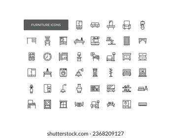 Furniture outline icons set. Set of home furniture, loft table, double bed, bedding mattress, chair, tv stand, hallway furniture, wardrobe closet, isolated vector icon