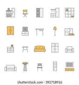 Furniture outline multicolored vector icon set. Modern minimalistic design.