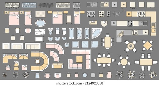 Vista superior del contorno del mobiliario. Objetos de colores y elementos para el diseño interior de apartamentos, sala de estar, dormitorio, cocina, baño. Conjunto de iconos lineales aislados. Ilustración vectorial. Plano de planta