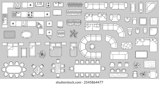 Vista superior do contorno da mobília para a planta do chão. Conjunto de ícones lineares isolados para o interior. Ilustração de vetor. Elementos de design para apartamentos, sala de estar, quarto, cozinha, banheiro. Loja de móveis