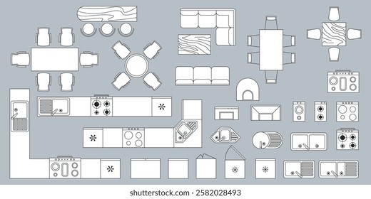 Furniture outline top view. Floor plan icons set for design interior and architectural project. Furniture thin line icon in top view for layout.