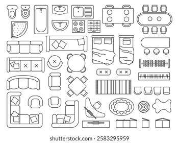 Furniture outline top view. Floor plan icons set for design interior and architectural project. Furniture thin line icon in top view for layout.