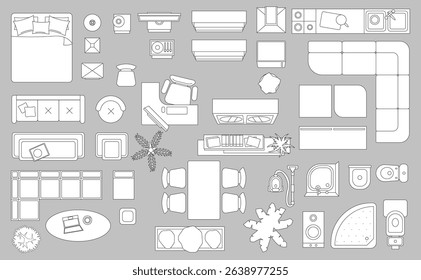 Furniture outline top view. Floor plan icons set for design interior and architectural project. Furniture thin line icon in top view for layout.