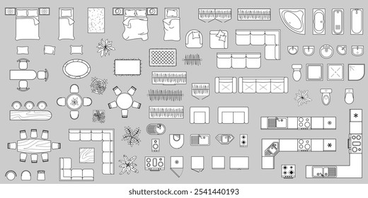 Vista superior do contorno da mobília para o plano. Conjunto de ícones interiores lineares isolados. Ilustração de vetor. Kit de objetos e elementos para apartamentos, sala de estar, quarto, cozinha, banheiro. Cama, sofá, mesa