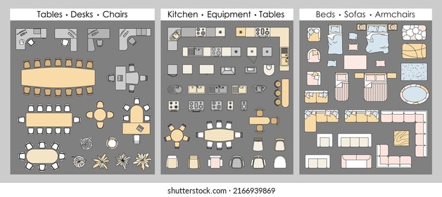 Furniture outline top view. Set of isolated colored linear icons for interior, plan, project. Vector objects and elements for office, apartments, living room, bedroom. Bed, sofa, table. Floor plan
