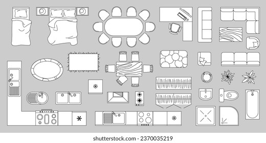 Vista superior del contorno del mobiliario. Conjunto de iconos lineales aislados para el interior. Ilustración vectorial. Muebles y elementos para apartamentos, sala de estar, dormitorio, cocina, baño. Plano del piso. Tienda de muebles