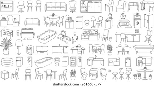 Furniture outline top view. Set of isolated linear icons for interior.