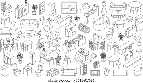 Furniture outline top view. Set of isolated linear icons for interior.