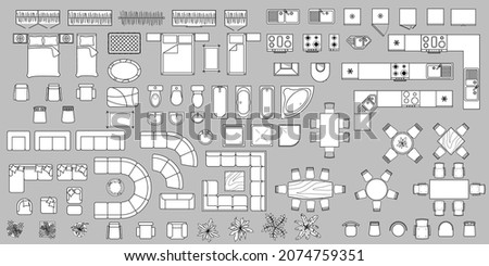 Furniture outline top view. Set of isolated linear icons for interior. Vector Illustration. Objects and elements for apartments, living room, bedroom, kitchen, bathroom. Bed, sofa, table. Floor plan