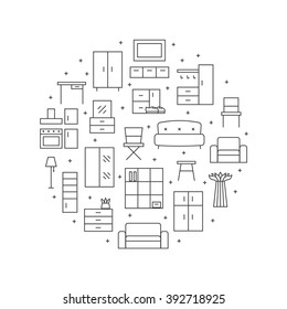 Furniture outline vector circle background. Modern minimalistic design.
