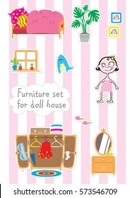 Furniture for paper doll. Dolls room interior. Children playing vector toy. Bedroom for doll. Flat style cartoon illustration.