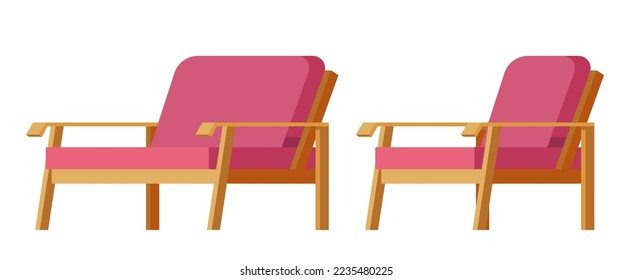 Furniture for patio or garden, isolated wooden sofa and armchair with soft cushions and backing for comfortable sitting. Shop with assortment and types. Outdoors exterior design. Vector in flat style