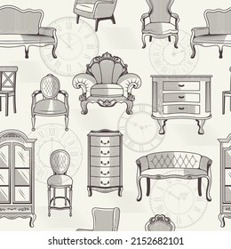 Furniture pattern. Sofa bed chairs and wardrobe pictures for textile design projects recent vector seamless background