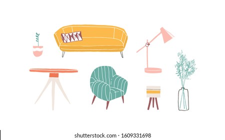 Furniture pieces hand drawn vector illustrations set. Home decor design elements isolated on white background. Cartoon sofa, potted plant and table lamp. Minimalist armchair and wooden stool.